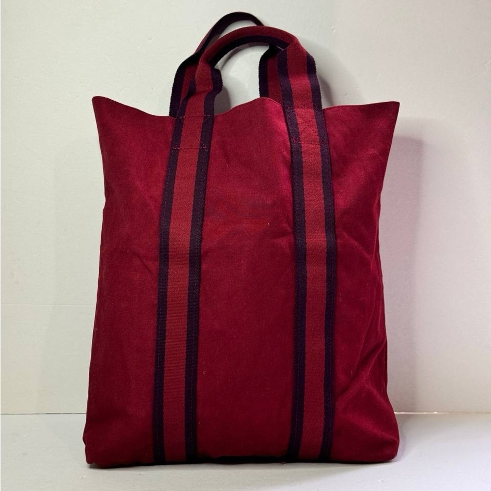 Hermes Red Canvas Tote with Black Striped Handles